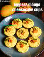 eggless mango cheesecake cups recipe | no bake mini mango cheesecake | mango cheesecake cups |