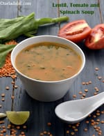 lentil tomato spinach soup | masoor dal tomato spinach soup | healthy lentil Indian soup |