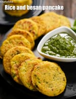 rice and besan pancake recipe | besan rice mini uttapam | besan chawal na pudla | besan bhaat na pudla |