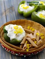 Stuffed Capsicum with Curds, Cucumber and Penne Salad recipe