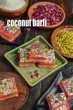 coconut barfi recipe | nariyal barfi | layered coconut barfi | rose coconut barfi |