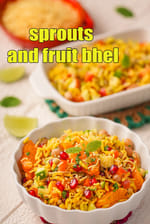 sprouts and fruit bhel recipe | sprouted lentil and fruit chaat | healthy puffed rice sprouts and fruit bhel |