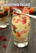 layered  fruit custard | eggless fruit custard | Indian fruit custard | digestive biscuit custard | vanilla custard dessert |