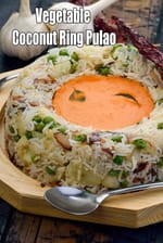 Vegetable Coconut Ring Pulao, Coconut Curry |  South Indian Style Coconut Pulao | Spicy Coconut Milk Pulao |