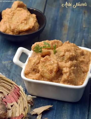 Arbi Naveli Recipe (Colocossaia In Creamy Tomato Gravy)