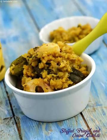 Stuffed Brinjal And Onion Khichdi ( Zero Oil ) Recipe
