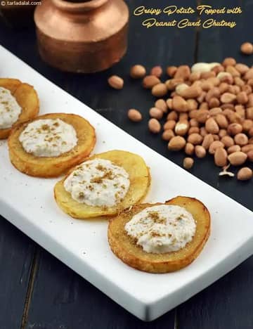 Crsipy Potato Topped With Peanut Curd Chutney Recipe (Vrat)