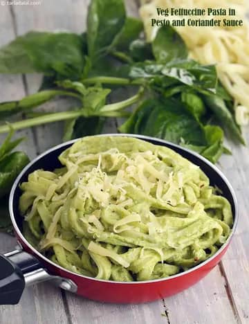 Veg Fettuccine Pasta In Pesto And Coriander Sauce Recipe