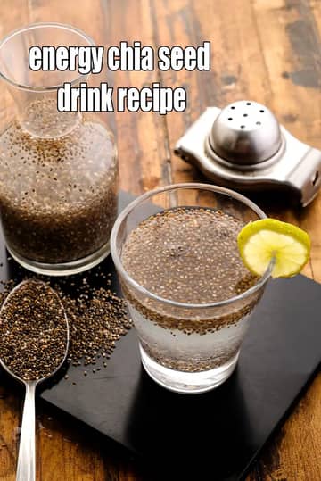 A glass and a bottle filled with soaked chia seed energy drink placed on a wooden table. The drink has swollen chia seeds in clear water, garnished with a lemon slice on the glass. A spoon filled with dry chia seeds and a lemon squeezer are kept nearby. Text on the image reads “energy chia seed drink recipe.