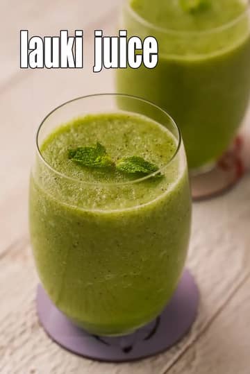 Fresh green Lauki (bottle gourd) juice garnished with mint in clear glasses.