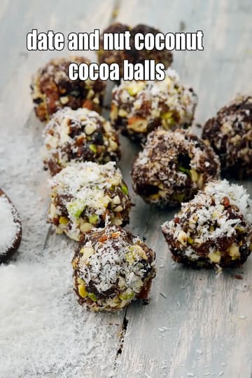 date and nut coconut cocoa balls recipe | healthy date and coconut balls | choco coconut energy balls | date balls healthy Indian dessert |