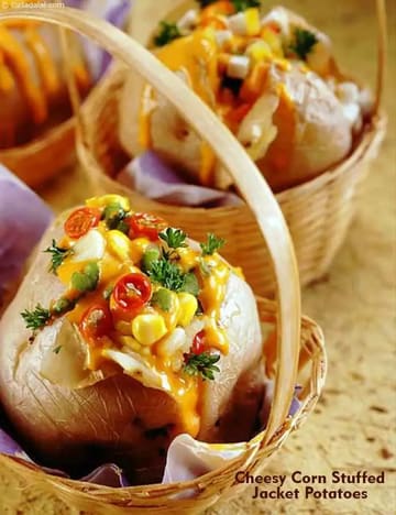 Cheesy Corn Stuffed Jacket Potatoes ( Quick Snacks ) Recipe