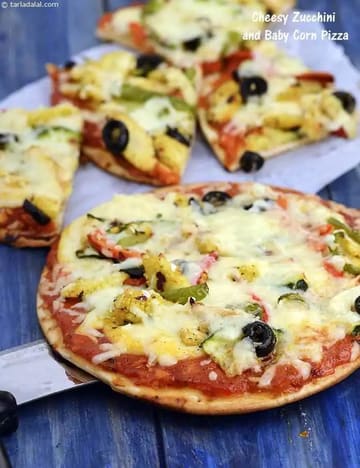 Cheesy Zucchini And Baby Corn Pizza Recipe