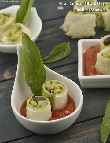 Pesto Corn And Black Olives Pinwheel Sandwich Recipe