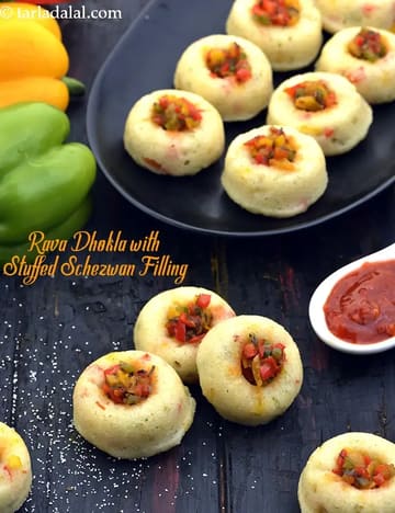 Rava Dhokla With Stuffed Schezwan Filling Recipe