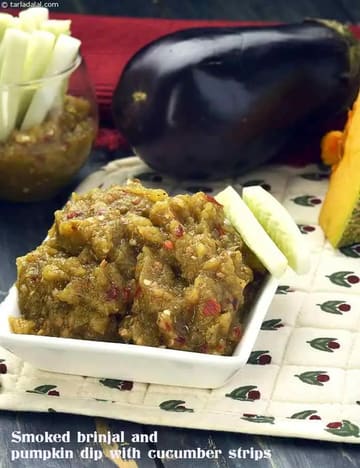 Smoked Brinjal And Pumpkin Dip With Cucumber Strips Recipe