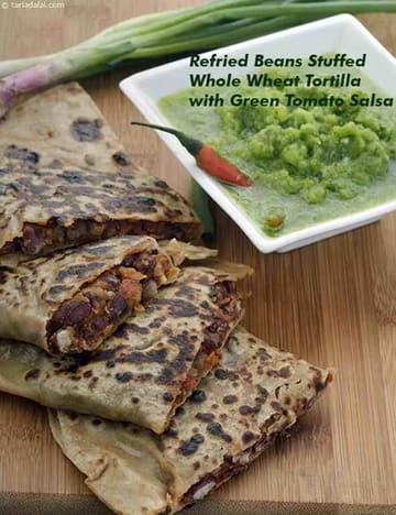 Refried Beans Stuffed Whole Wheat Tortilla With Green Tomato Salsa Recipe