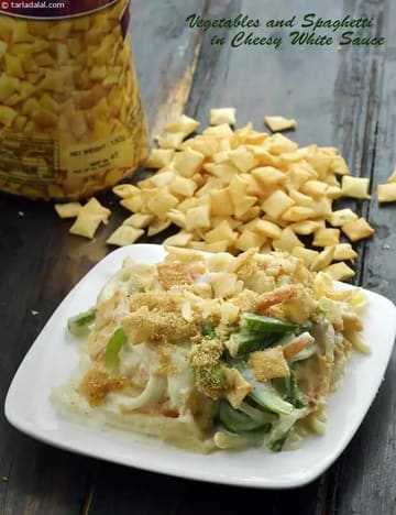 Vegetables And Spaghetti In Cheesy White Sauce Recipe