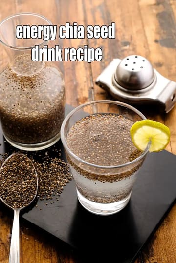 A glass and a bottle filled with soaked chia seed energy drink placed on a wooden table. The drink has swollen chia seeds in clear water, garnished with a lemon slice on the glass. A spoon filled with dry chia seeds and a lemon squeezer are kept nearby. Text on the image reads “energy chia seed drink recipe.