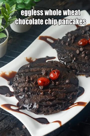 Eggless Whole Wheat Chocolate Chip Pancakes Recipe
