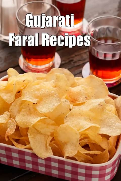 Gujarati faral snack platter showing crispy potato wafers served in a tray, accompanied by glasses of tea in the background, with the text “Gujarati Faral Recipes” displayed on the image.
