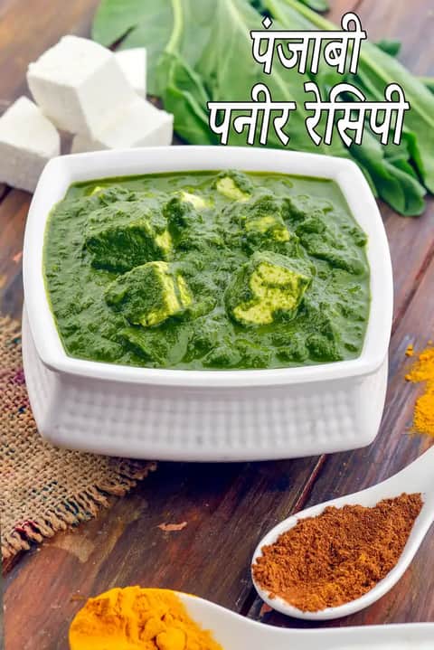 सफेद बाउल में परोसी गई क्रीमी पालक ग्रेवी में नरम पनीर के टुकड़ों से बनी पंजाबी पालक पनीर की सब्ज़ी, साथ में ताज़ी पालक और मसाले।