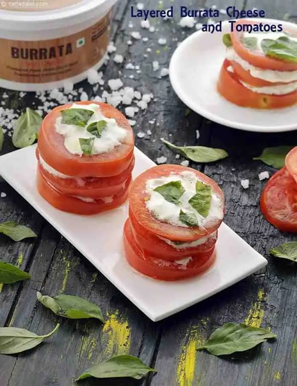 Layered Burrata Cheese And Tomatoes Recipe