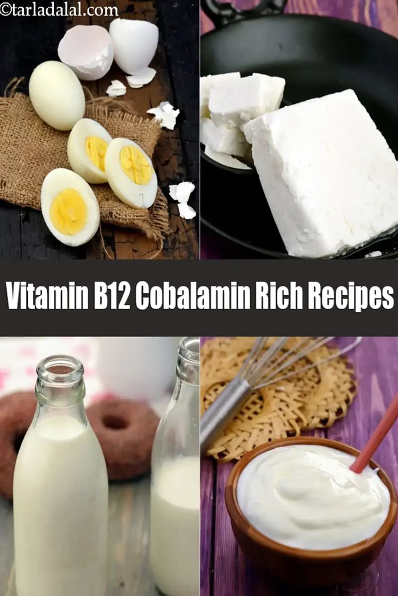 Vitamin B12 rich foods image showing boiled eggs, paneer, milk and curd arranged together for healthy nutrition.