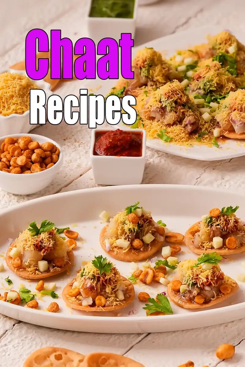 papdi chaat topped with sev, chutneys and garnishes served on plates with bowls of chutney and peanuts.