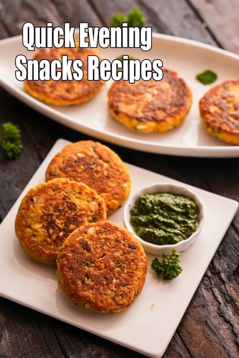 Quick evening snacks recipes image with crispy veg tikkis served with green chutney on white plates.