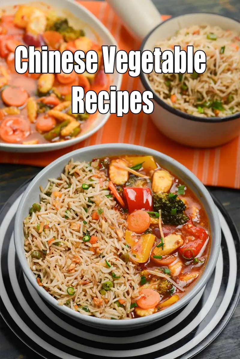 A bowl of Chinese vegetable recipes featuring fried rice and mixed vegetable gravy with carrots, broccoli, capsicum, paneer, and spring onions served hot.