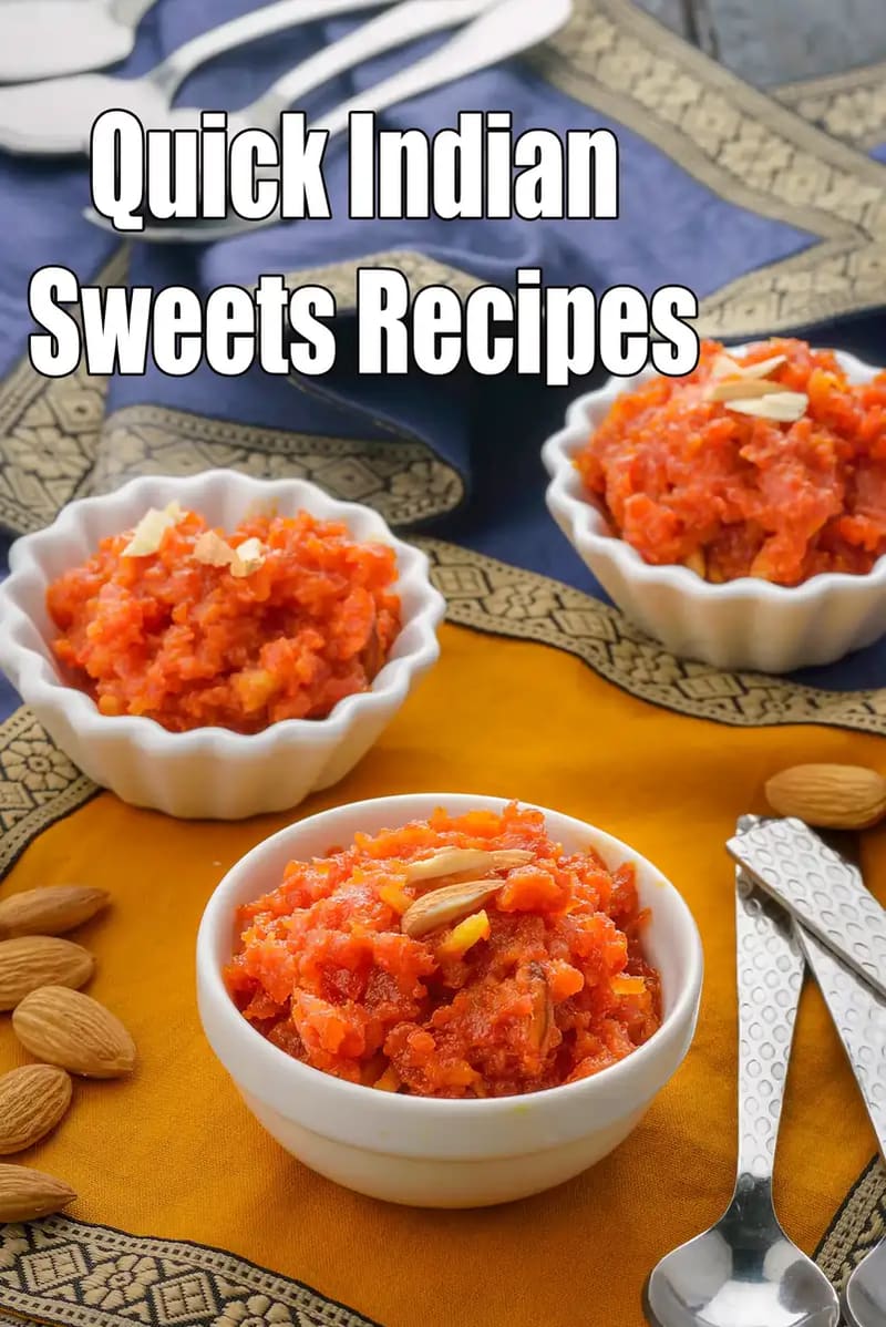 Carrot halwa served in white bowls with almonds, spoons and cloth background