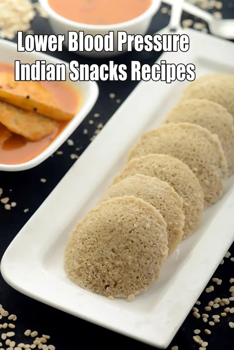 Steamed Indian snack idli slices served on a plate with chutney, shown as a healthy snack option for low blood pressure.