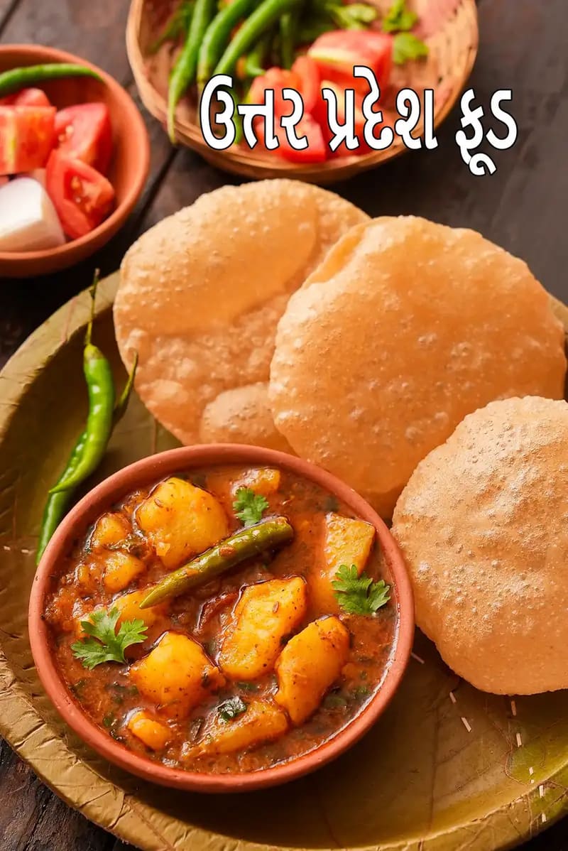 આલૂ પૂરી, ઉત્તર પ્રદેશની પરંપરાગત રેસીપી, જેમાં ફુલેલી પૂરીઓ મસાલેદાર બટાકાની શાક સાથે પીરસવામાં આવી છે, લીલા મરચાં અને ધાણાથી સજાવેલી.