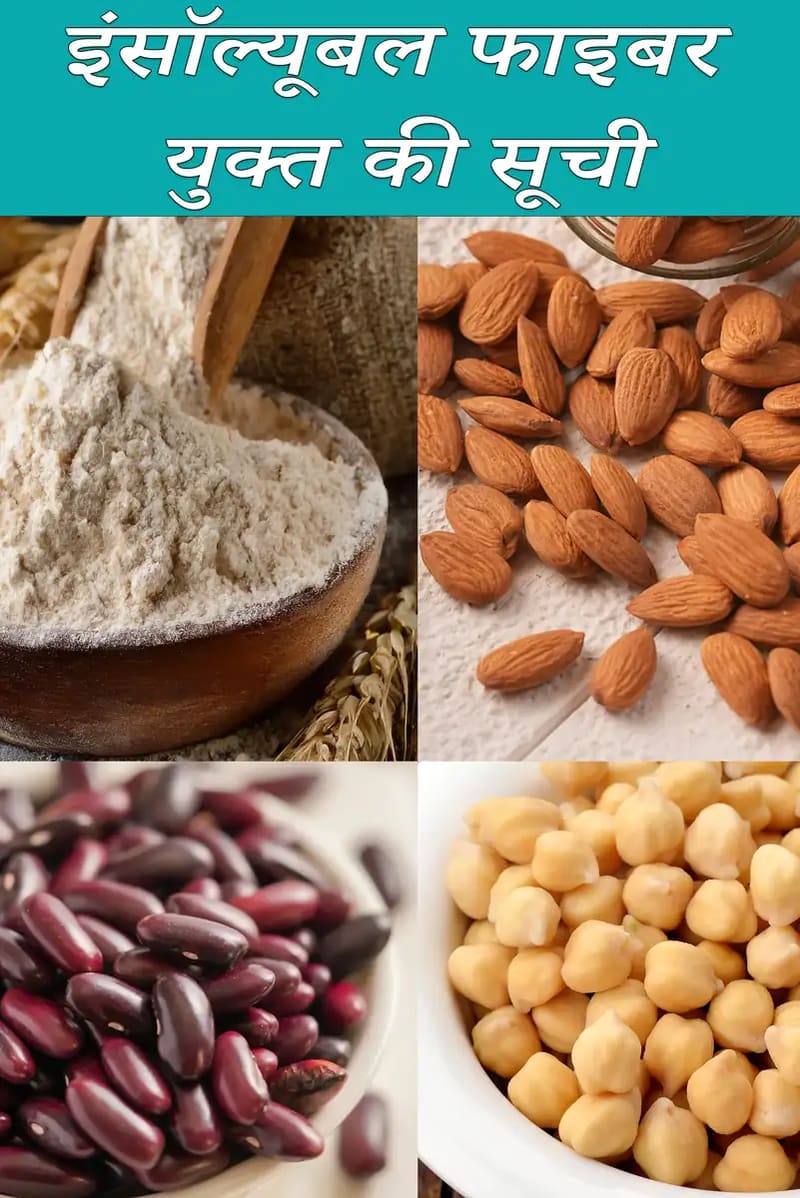 चार तस्वीरों का एक कोलाज जो विभिन्न अघुलनशील फाइबर युक्त खाद्य पदार्थों  को दर्शाता है। ऊपर बाईं ओर गेहूं का चोकर  है, ऊपर दाईं ओर साबुत गेहूं के दाने हैं, नीचे बाईं ओर एक सफेद कटोरे में साबुत बादाम हैं, और नीचे दाईं ओर ओट्स का चोकर  दिखाया गया है।