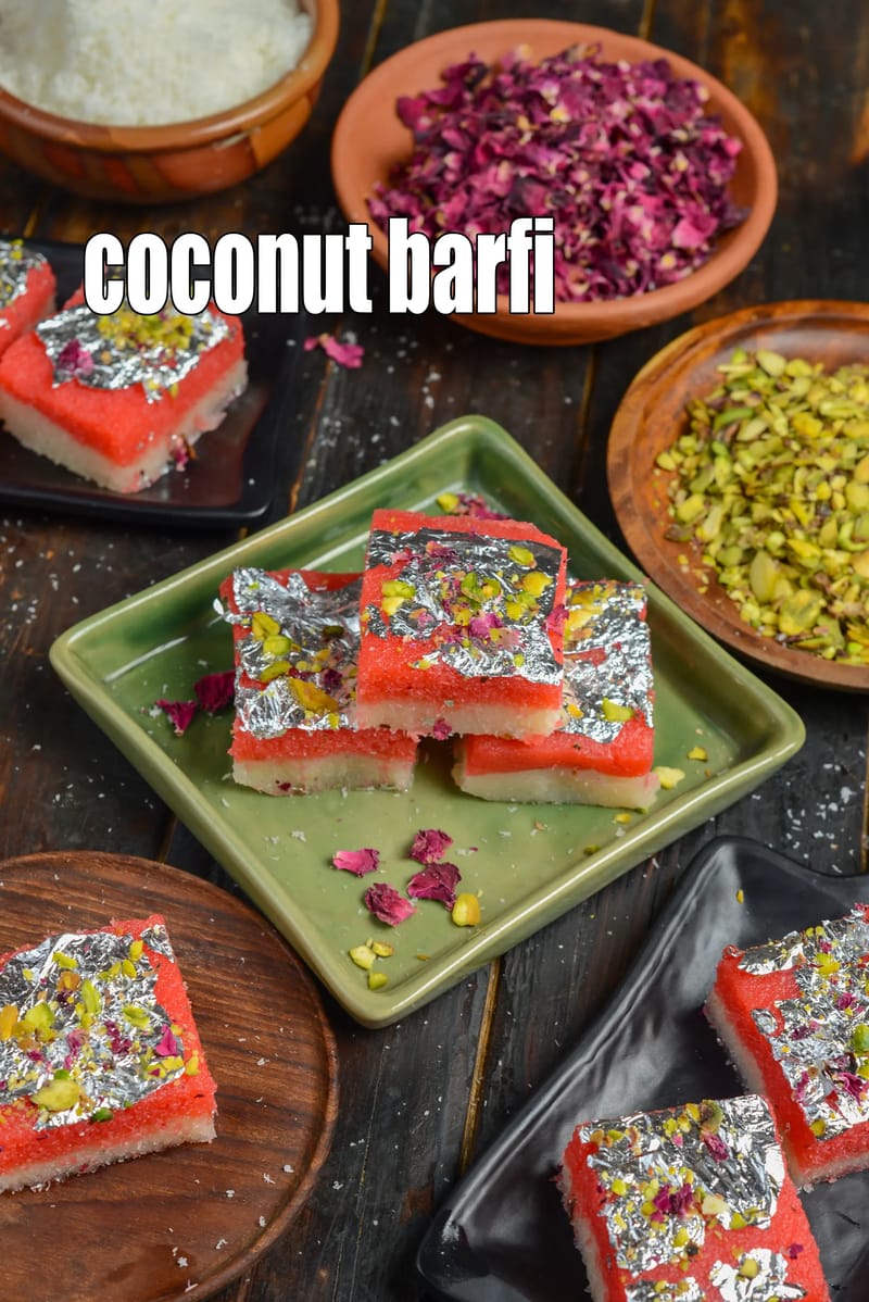 Coconut barfi recipe | nariyal barfi | layered coconut barfi | rose coconut barfi | | Tarla Dalal