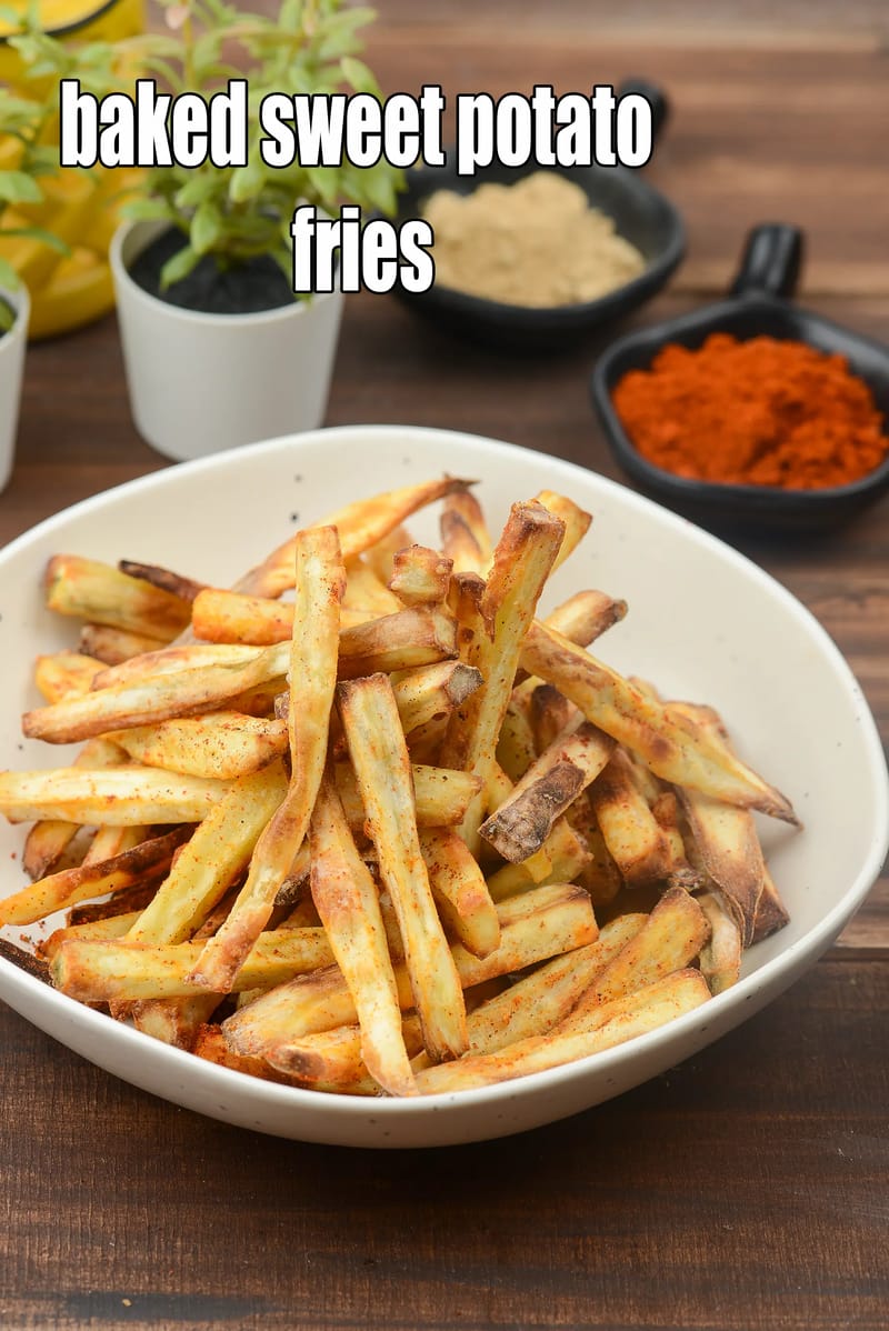 Baked sweet potato fries recipe | oven baked Indian sweet potato fries | garlic shakarkand fries | | Tarla Dalal