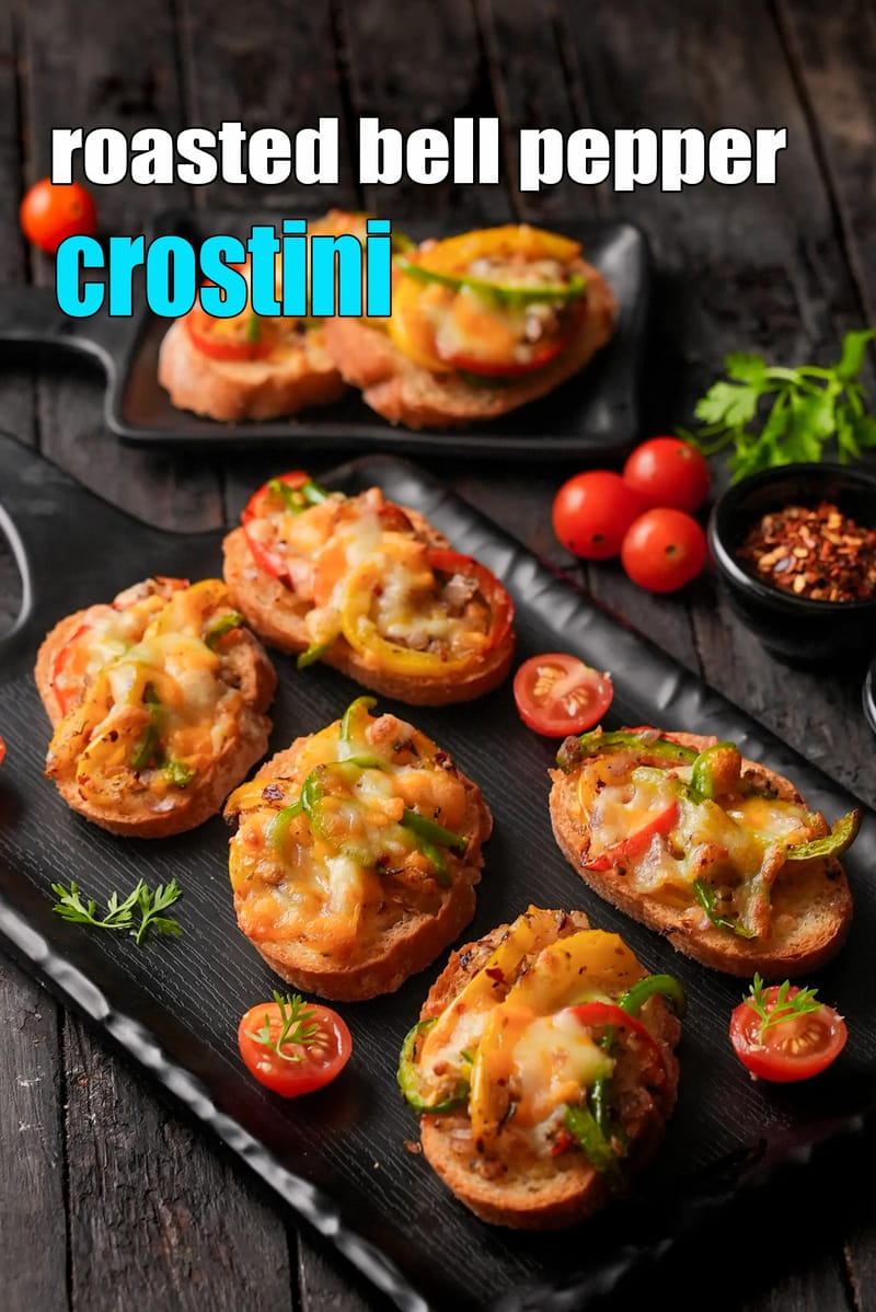 Roasted bell pepper crostini recipe | Indian style bellpepper bruschetta | roasted pepper crostini | | Tarla Dalal