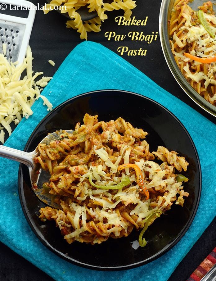 Baked pav bhaji pasta recipe | pav bhaji pasta | Indo Italian pav bhaji pasta | | Tarla Dalal