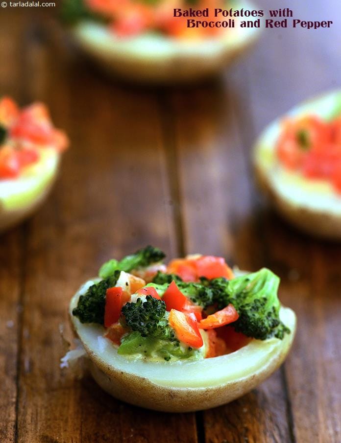 Baked Potatoes with Broccoli and Red Pepper | Tarla Dalal