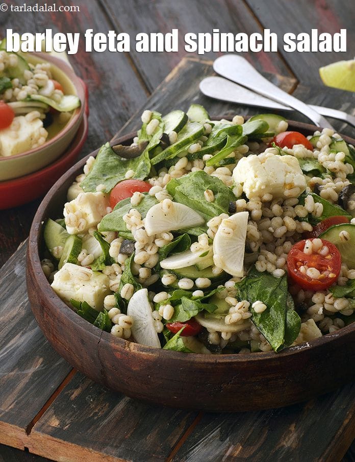 Barley feta and spinach salad recipe |?Indian pearl barley with spinach and feta |?healthy Mediterranean spinach and barley salad | | Tarla Dalal