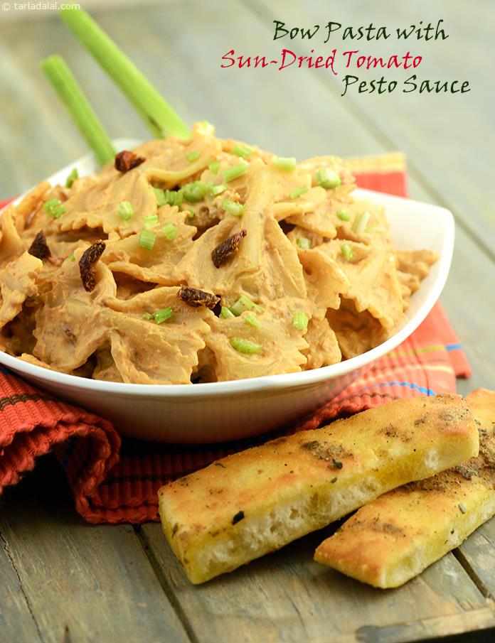 Bow Pasta with Sun-dried Tomato Pesto Sauce | Tarla Dalal