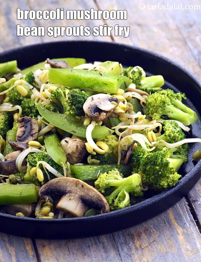 Broccoli mushroom bean sprouts stir fry recipe | Chinese style?bean sprout mushroom stir fry | healthy veg stir fry with bean sprouts | | Tarla Dalal