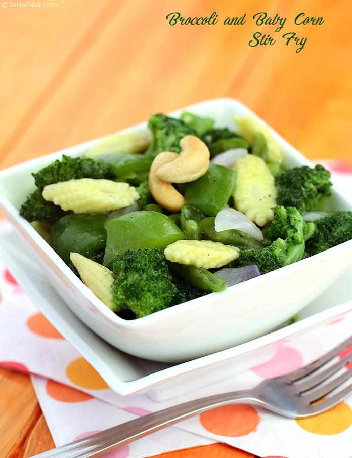 Broccoli and Baby Corn Stir Fry | Tarla Dalal