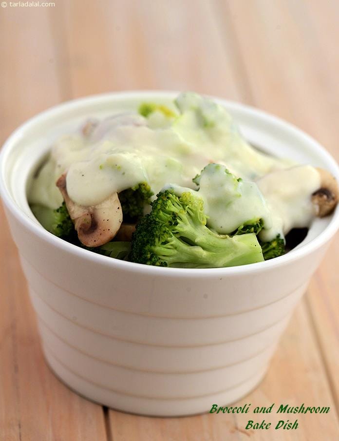 Broccoli and Mushroom Bake Dish ( Microwave Recipe) | Tarla Dalal