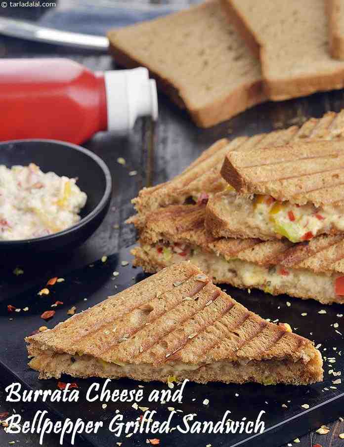 Burrata Cheese and Bellpepper Grilled Sandwich | Tarla Dalal