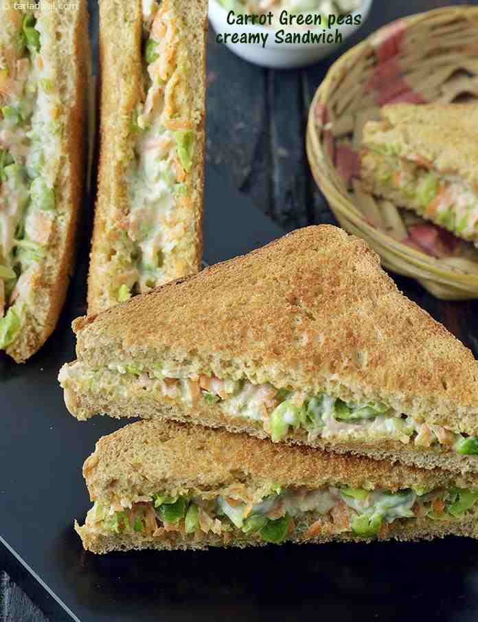 Carrot, Green Peas Creamy Sandwich, Creamy Toast Sandwich | Tarla Dalal