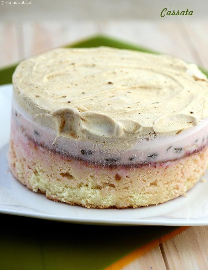 Cassata, Sponge Cake Layered with Vanilla and Coffee Ice Cream | Tarla Dalal
