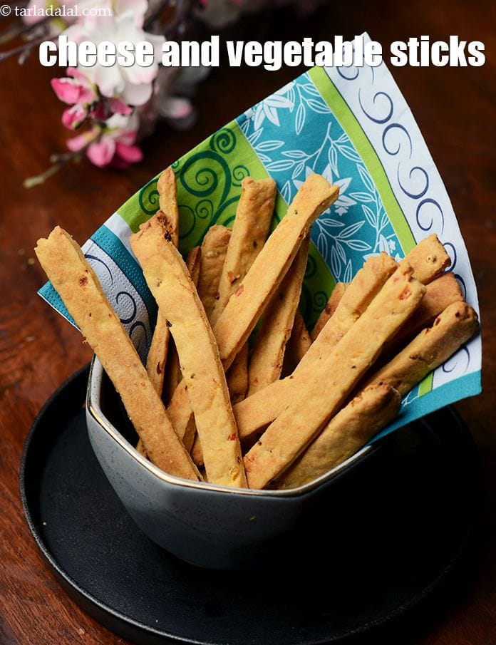 Cheese and vegetable sticks recipe | eggless Indian cheese and vegetable strips | vegetable cheese straws for kids |  | Tarla Dalal