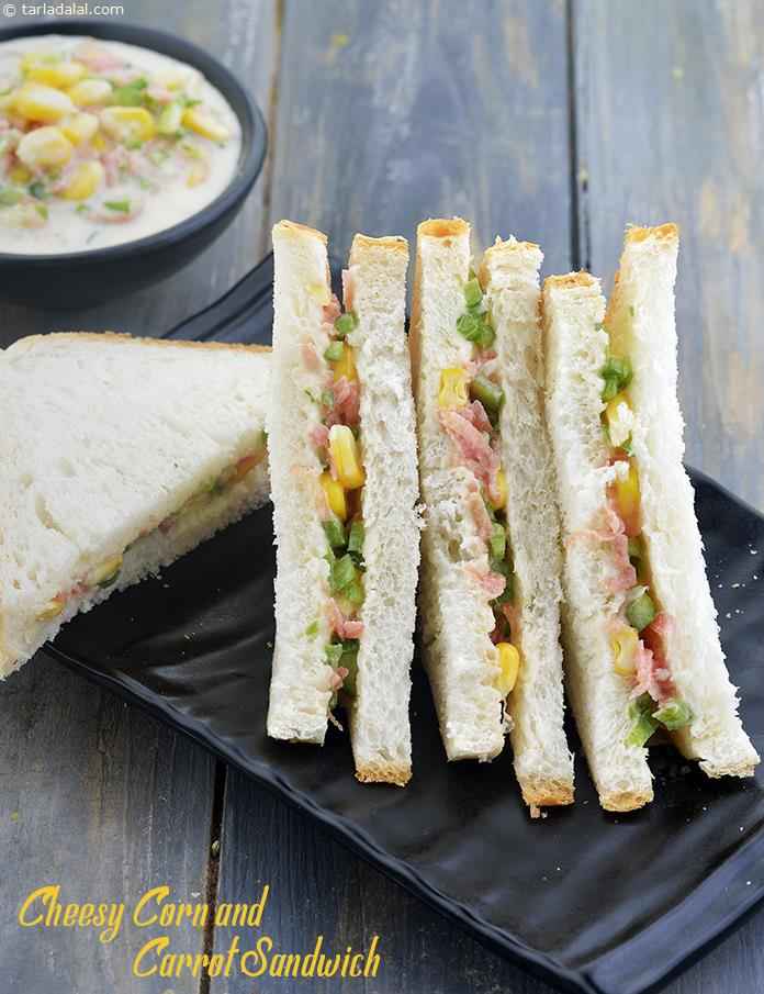 Cheesy Corn and Carrot Sandwich, Travel Sandwich | Tarla Dalal